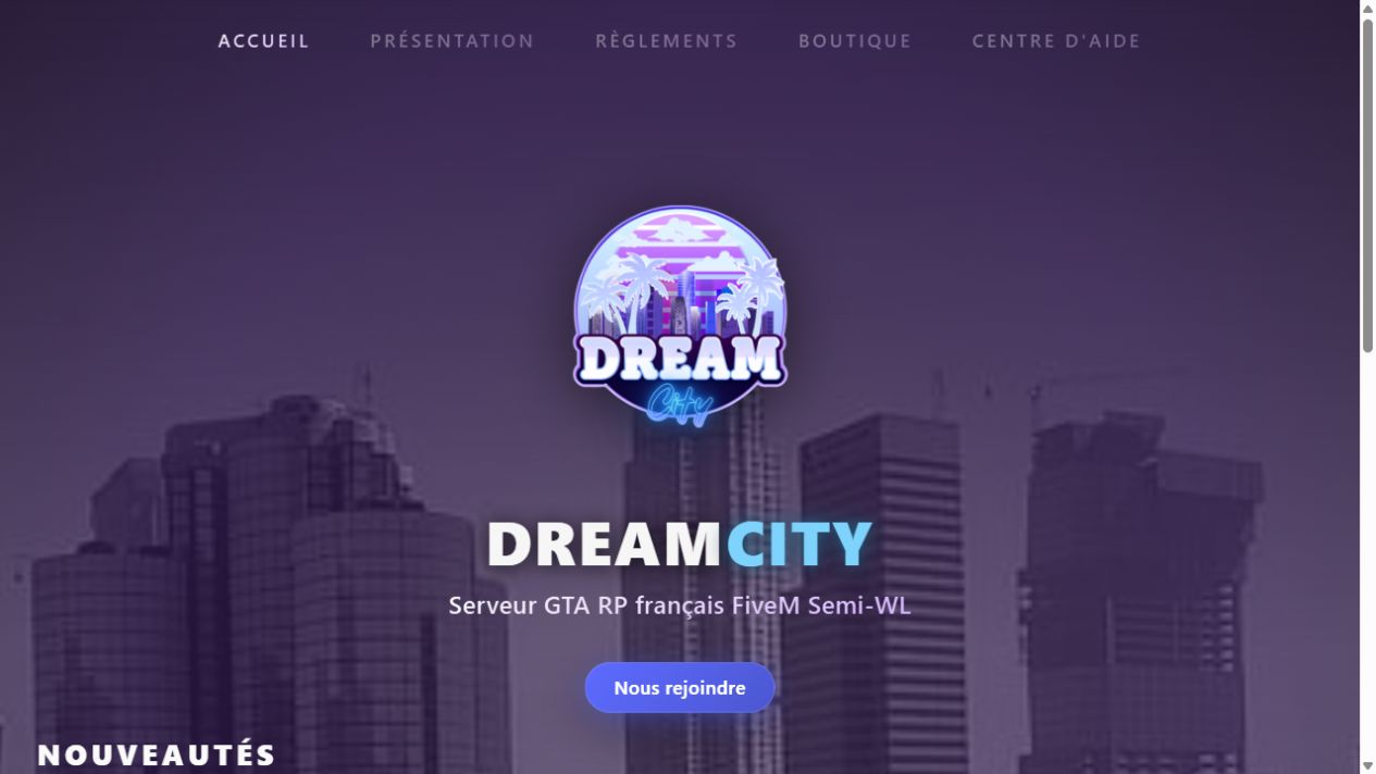 Capture réelle du site vitrine Dream City, avec son logo et la présentation du serveur de jeu de rôle.
